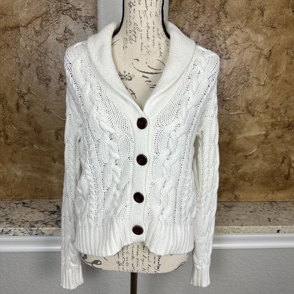 Lands' End Sweaters - Lands End Cable Knit Sweater Womens XS Button Front Fishermen Cardigan Cowl Neck